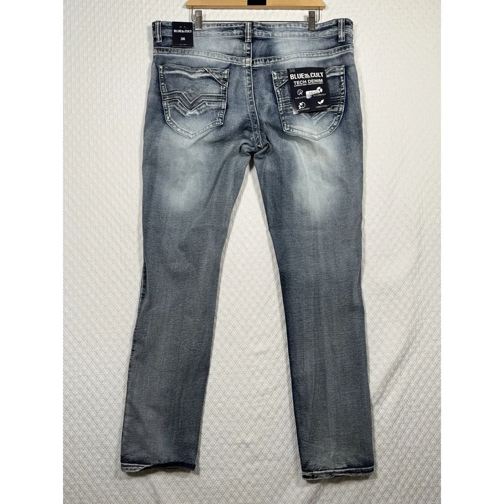 Blue Cult Tech Denim Mens Thick Stitch Jeans Fits 39x33 NWT (Tag 36) Bikercore